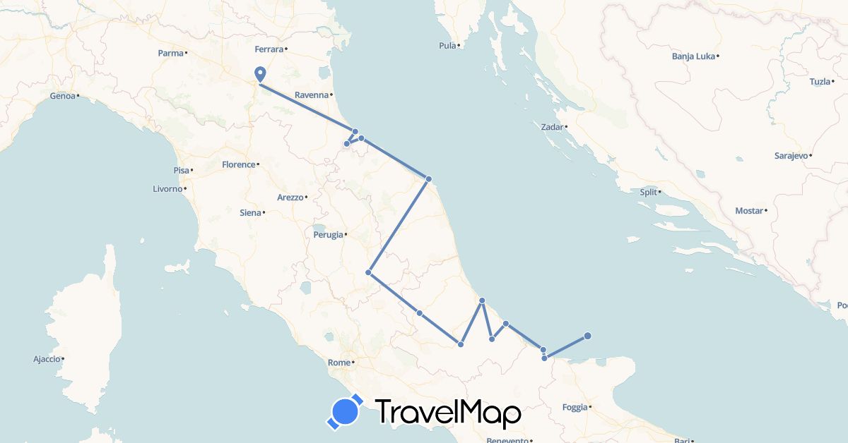 TravelMap itinerary: cycling, boat in Italy, San Marino (Europe)